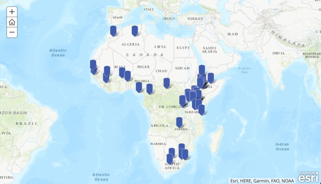 screenshot of an interactive map of locations in africa where csu students and faculty are working